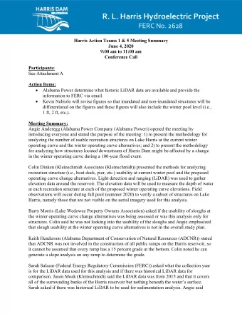 R. L. Harris Hydroelectric Project FERC No. 2628  Harris Action Teams 1 &amp; 5 Meeting Summary