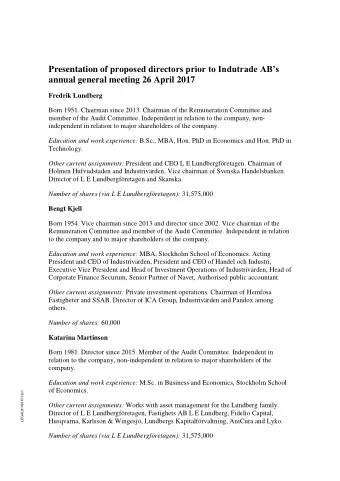 Presentation of proposed directors prior to Indutrade ABs  annual general meeting 26 April 2017