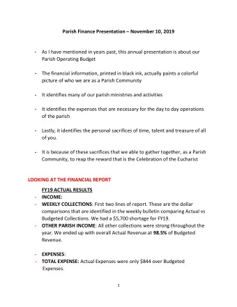 Parish Finance Presentation  November 10, 2019 - As I have mentioned in years past, this annual