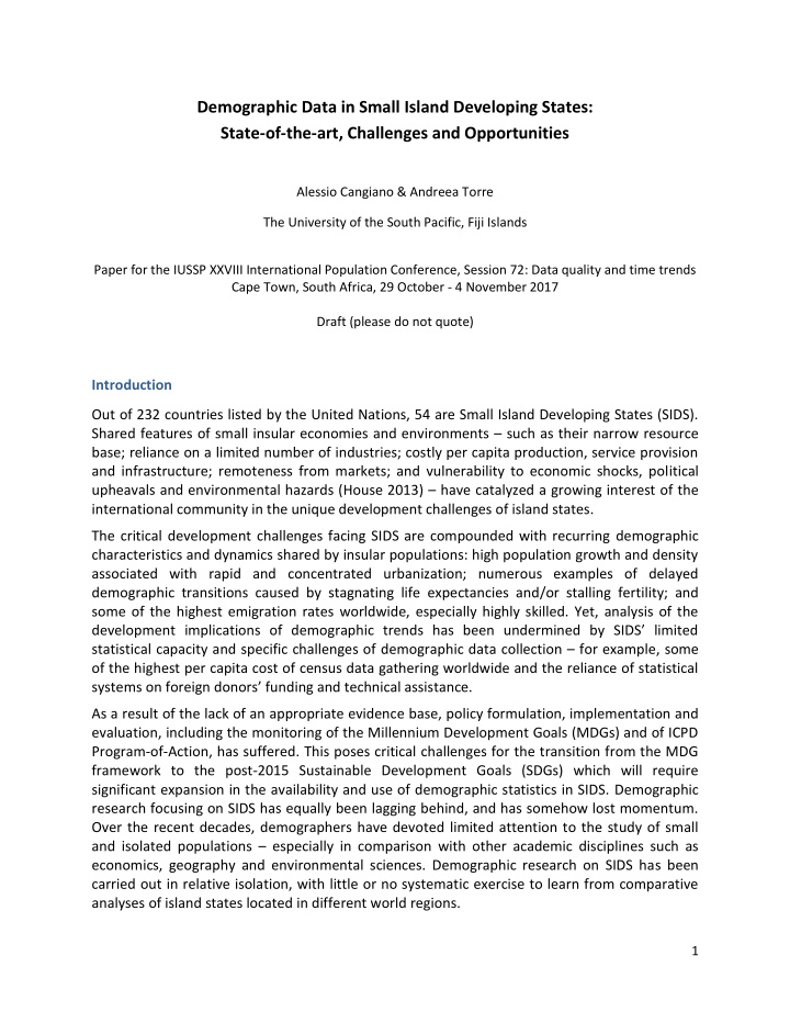 demographic data in small island developing states state