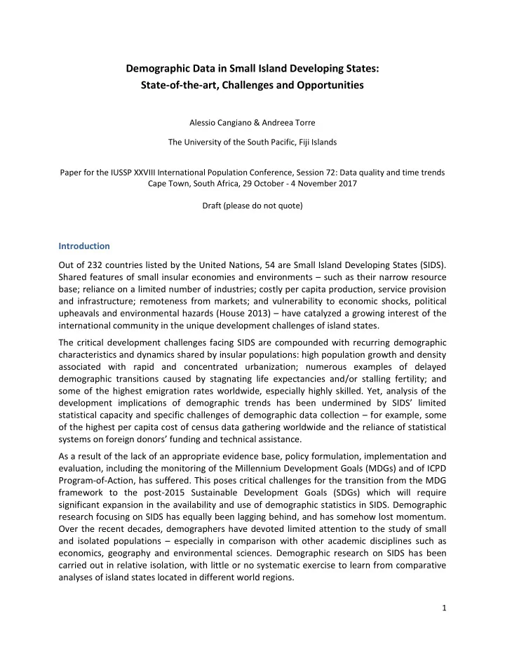 demographic data in small island developing states state