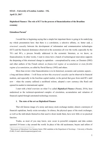 SOAS  University of London, London  UK.  April 21, 2017  Digitalized Finance: The role of ICT