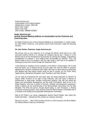 Anglo American plc  Annual General Meeting Address to shareholders by the Chairman and  Chief