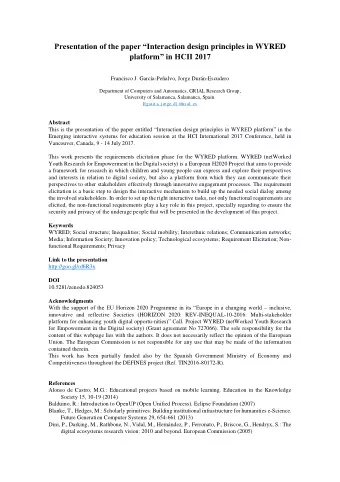 Presentation of the paper I nteraction design principles in WYRED platform  in HCII 2017