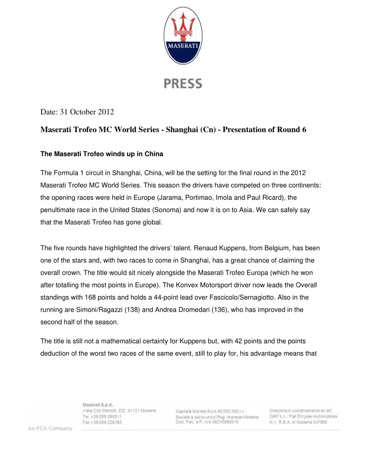 date 31 october 2012 maserati trofeo mc world series