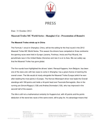 Date: 31 October 2012  Maserati Trofeo MC World Series - Shanghai (Cn) - Presentation of Round 6