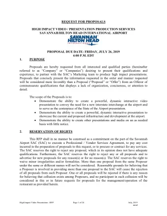 REQUEST FOR PROPOSALS  HIGH IMPACT VIDEO / PRESENTATION PRODUCTION SERVICES  SAVANNAH/HILTON HEAD