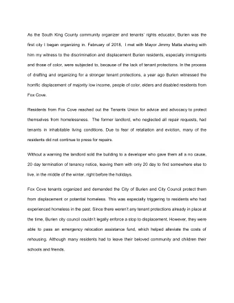 As the South King County community organizer and tenants rights educator, Burien was the  first