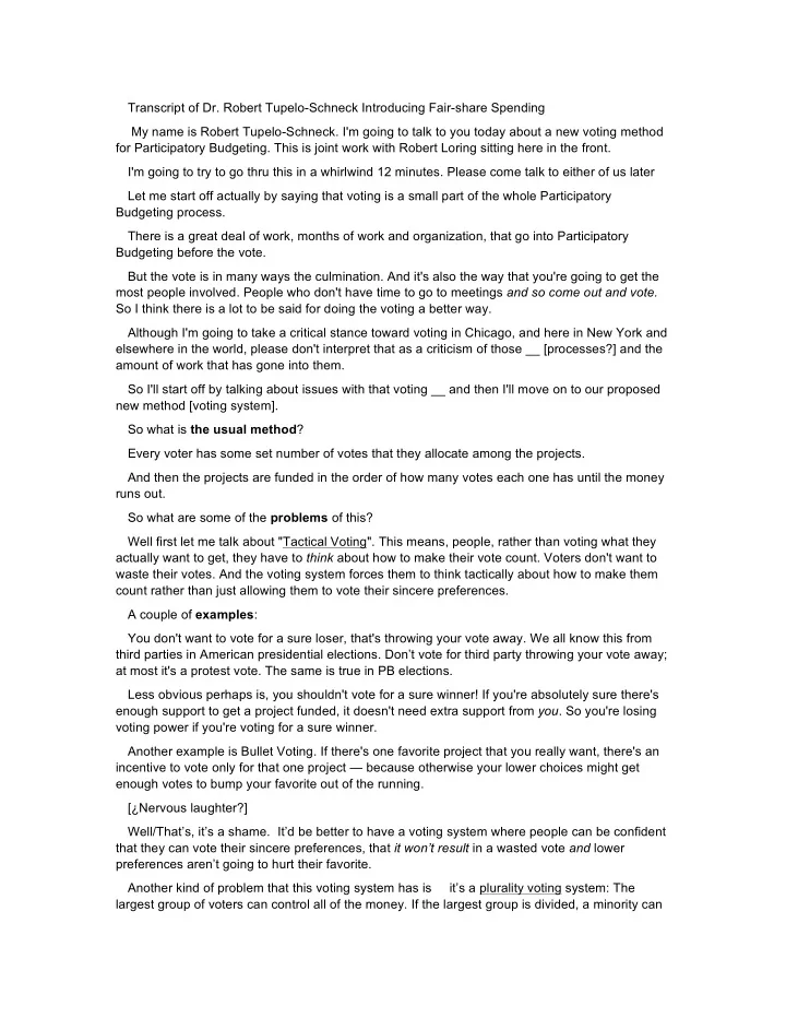 transcript of dr robert tupelo schneck introducing fair