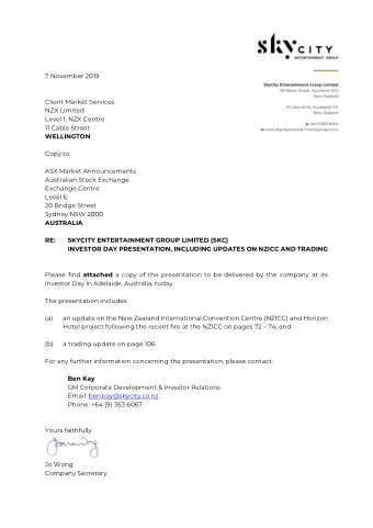 WELLINGTON  Copy to:  ASX Market Announcements  Australian Stock Exchange  Exchange Centre  Level 6