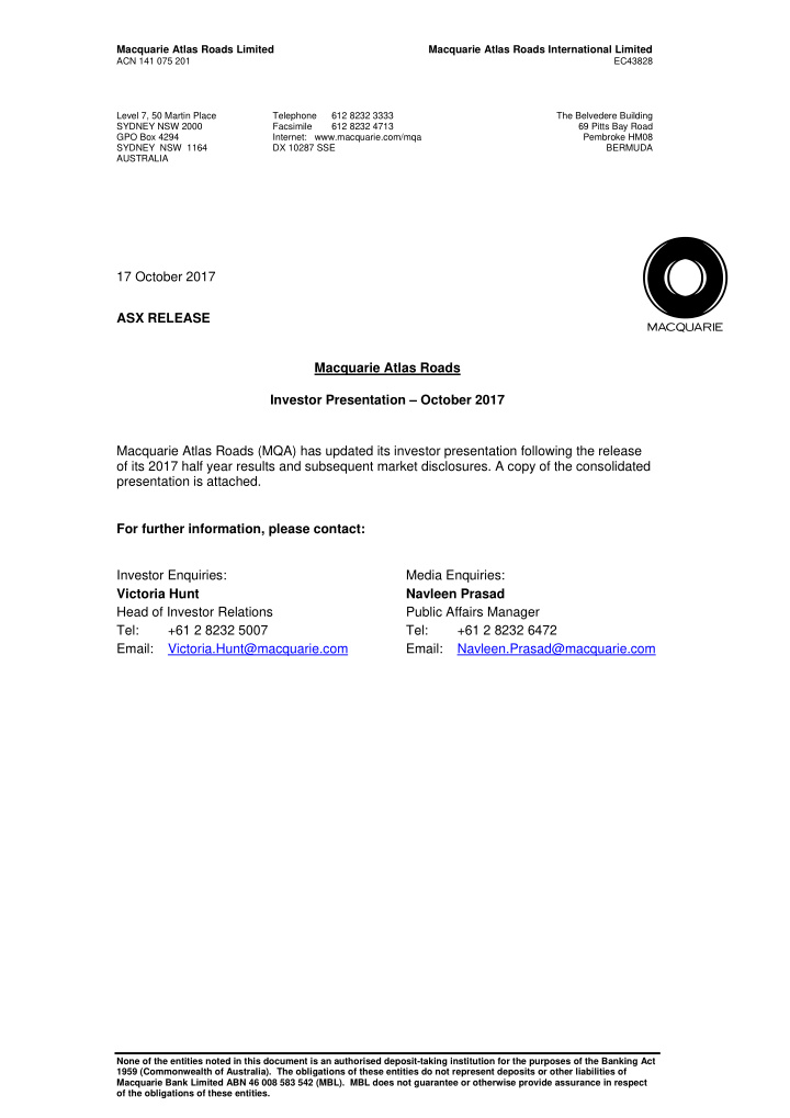 17 october 2017 asx release macquarie atlas roads