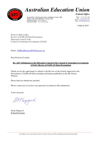 Australian Education Union  Submission to the  Education Council of the Council of Australian