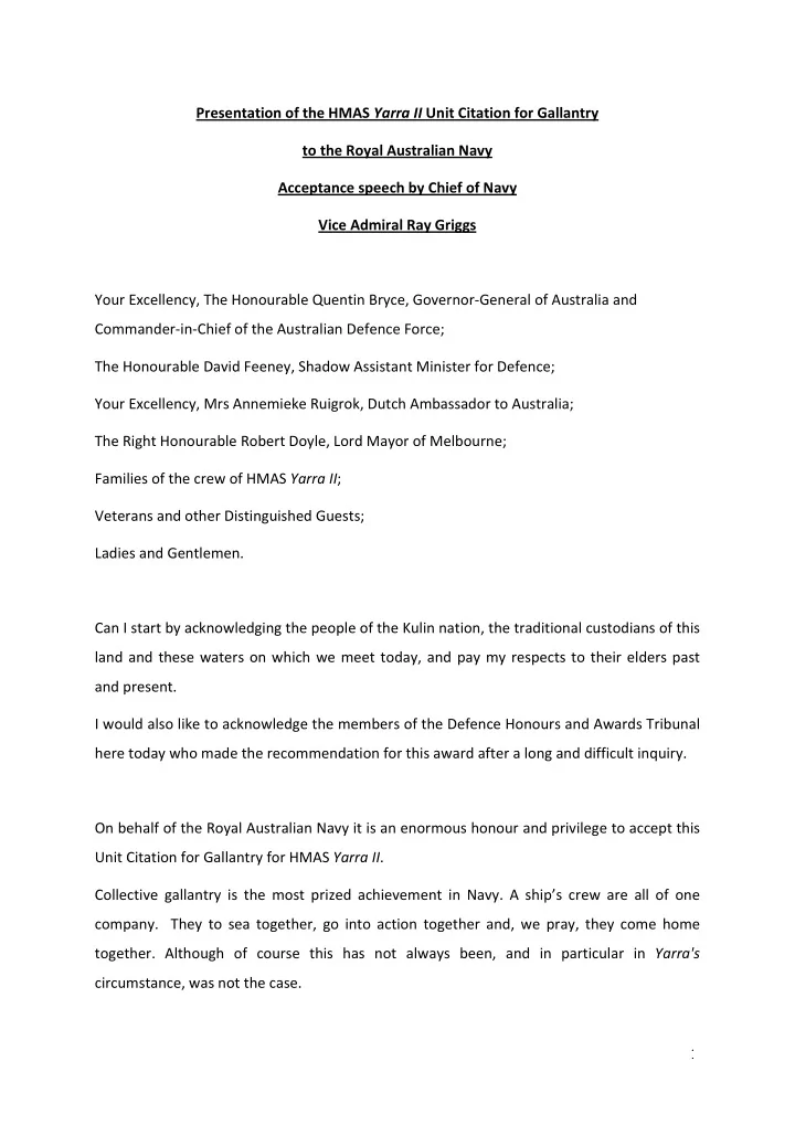 presentation of the hmas yarra ii unit citation for
