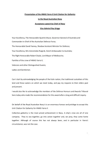 Presentation of the HMAS Yarra II Unit Citation for Gallantry to the Royal Australian Navy
