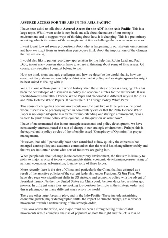 ASSURED ACCESS FOR THE ADF IN THE ASIA PACIFIC I have been asked to talk about Assured Access for