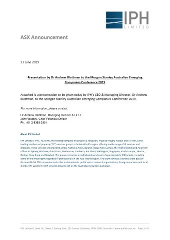 ASX Announcement  13 June 2019  Presentation by Dr Andrew Blattman to the Morgan Stanley Australian
