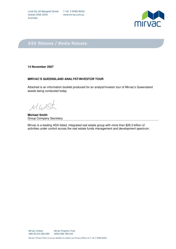 14 november 2007 mirvac s queensland analyst investor