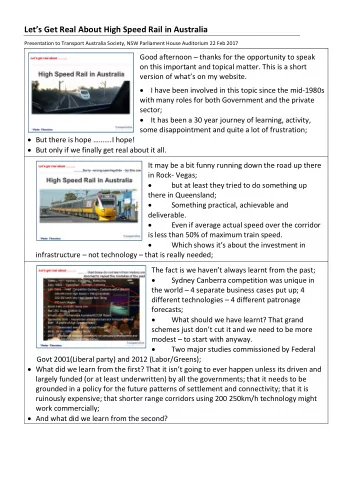 Lets Get Real About High Speed Rail in Australia  Presentation to Transport Australia Society,