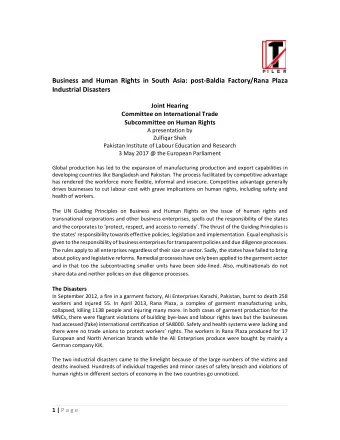 Business and Human Rights in South Asia: post-Baldia Factory/Rana Plaza  Industrial Disasters