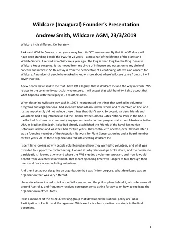 Wildcare (Inaugural) Founders Presentation  Andrew Smith, Wildcare AGM, 23/3/2019  Wildcare Inc