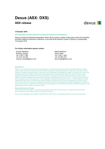 Dexus (ASX: DXS) ASX release  15 October 2019  Citi Australian and New Zealand Investment