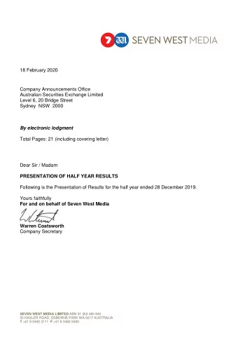 18 February 2020  Company Announcements Office  Australian Securities Exchange Limited  Level 6, 20