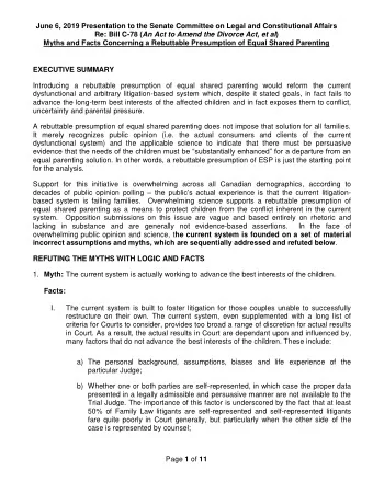 EXECUTIVE SUMMARY  Introducing a rebuttable presumption of equal shared parenting would reform the