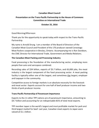 Canadian Meat Council  Presentation on the Trans-Pacific Partnership to the House of Commons