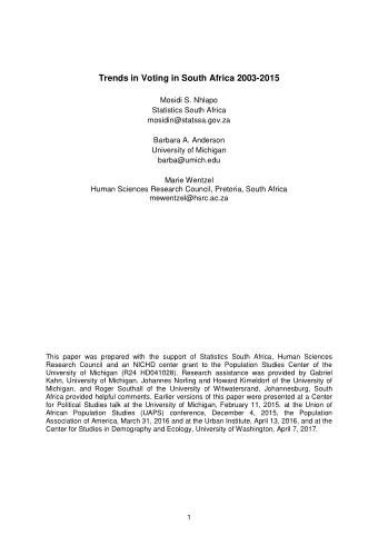 Trends in Voting in South Africa 2003-2015  Mosidi S. Nhlapo  Statistics South Africa