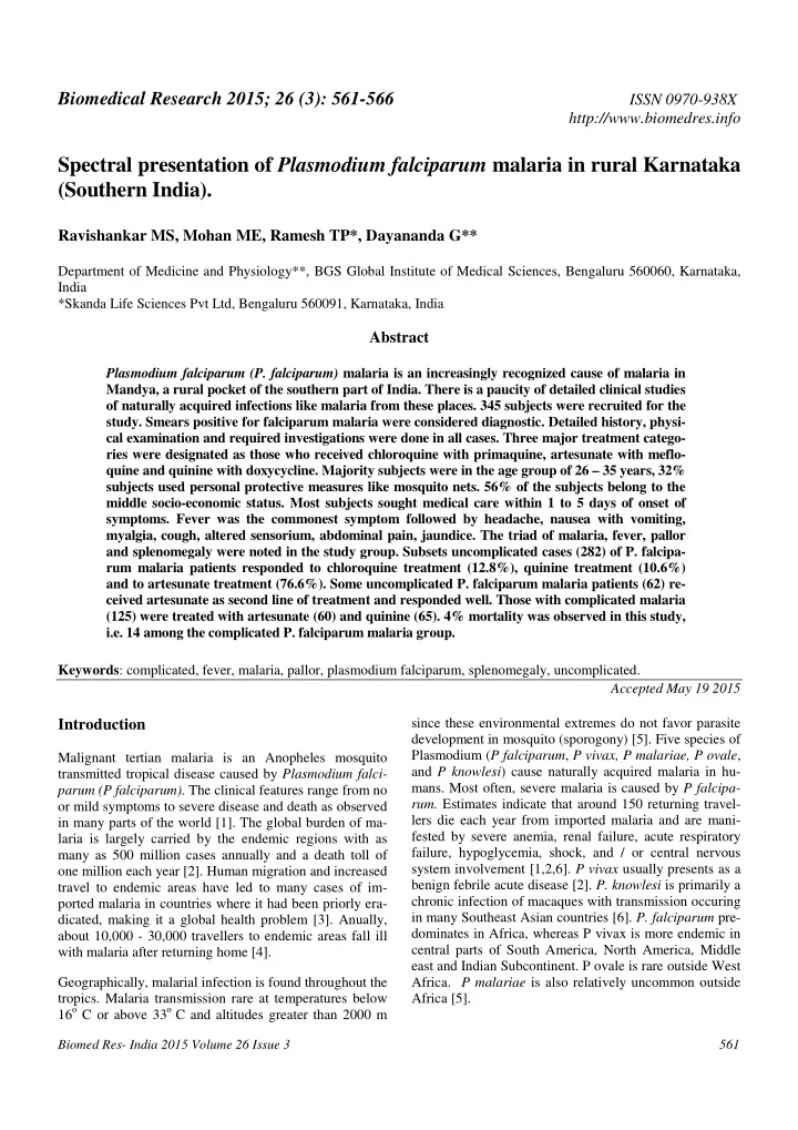 spectral presentation of plasmodium falciparum malaria in