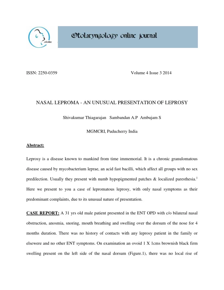 nasal leproma an unusual presentation of leprosy