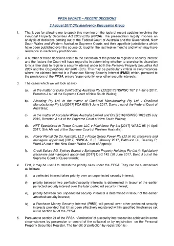 PPSA UPDATE  RECENT DECISIONS  2 August 2017 City Insolvency Discussion Group  1.  Thank you for