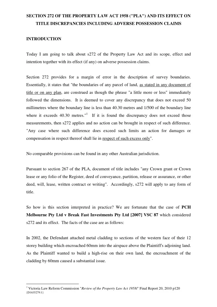 section 272 of the property law act 1958 pla and its