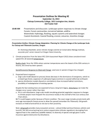 Presentation Outlines for Meeting #2  September 16, 2014  Clatsop Community College, 1651 Lexington