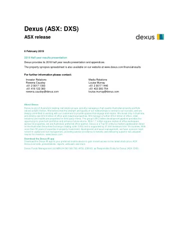 Dexus (ASX: DXS) ASX release  6 February 2019  2019 Half year results presentation  Dexus provides