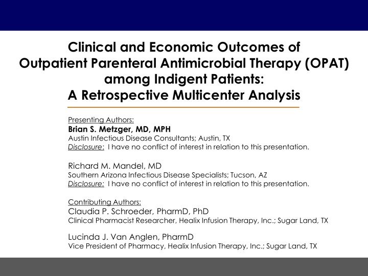 clinical and economic outcomes of outpatient parenteral