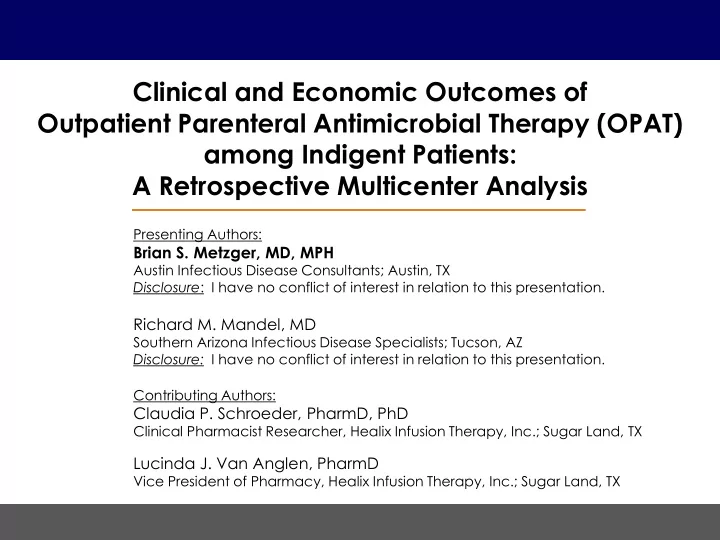 clinical and economic outcomes of outpatient parenteral