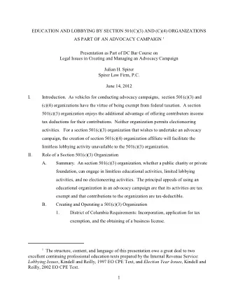 EDUCATION AND LOBBYING BY SECTION 501(C)(3) AND (C)(4) ORGANIZATIONS AS PART OF AN ADVOCACY