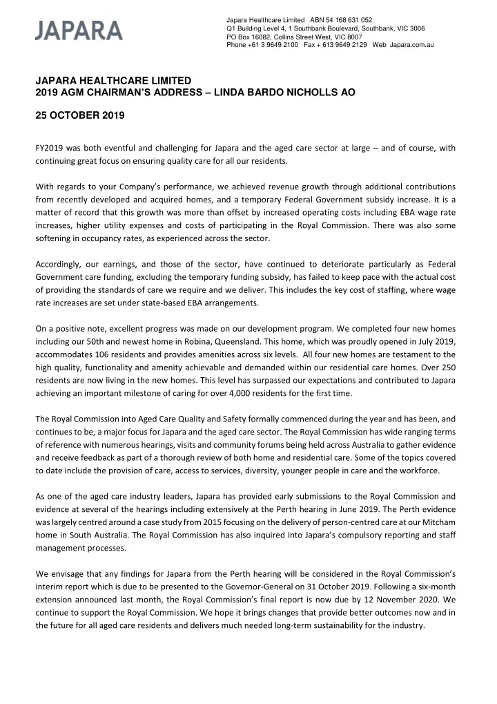 japara healthcare limited 2019 agm chairman s address