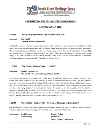 PRESENTATION SCHEDULE &amp; SPEAKER BIOGRAPHIES  Saturday, July 14, 2018  9:30AM  Henry