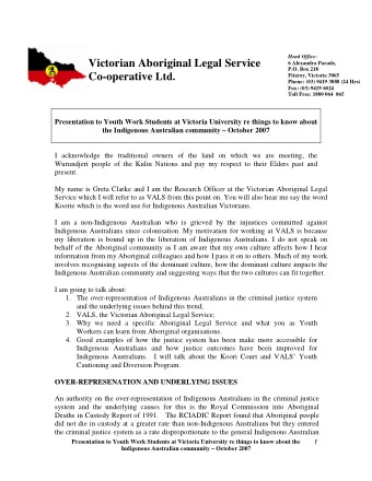 Victorian Aboriginal Legal Service  6 Alexandra Parade,  P.O. Box 218 Co-operative Ltd.  Fitzroy,