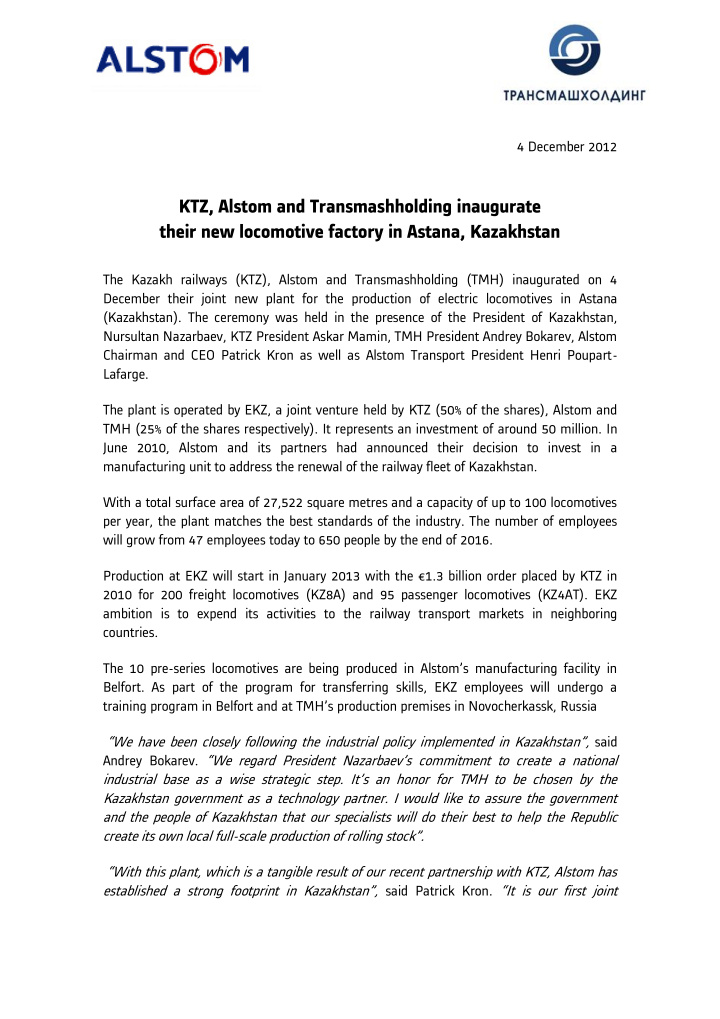 ktz alstom and transmashholding inaugurate their new