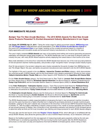 FOR IMMEDIATE RELEASE  Bumper Year For New Arcade Machines  The 2015 BOSA Awards For Best New