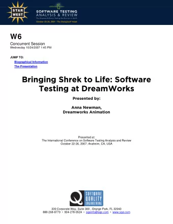 Bringing Shrek to Life: Software  Bringing Shrek to Life: Software  Testing at DreamWorks  Testing