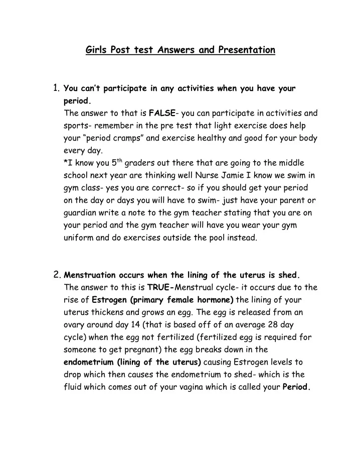 girls post test answers and presentation