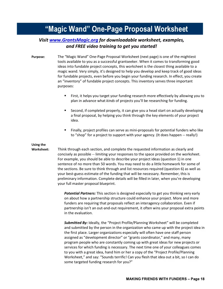 magic wand one page proposal worksheet