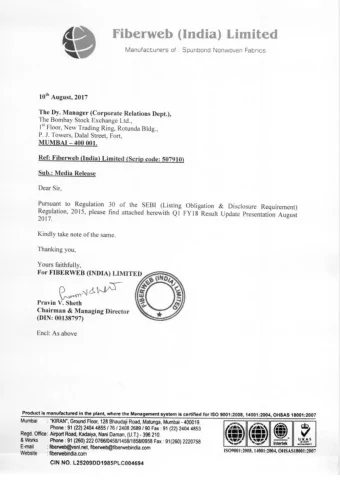 Fiberweb (India) Limited  Q1 FY18 Result Update Presentation  August 2017  Disclaimer This