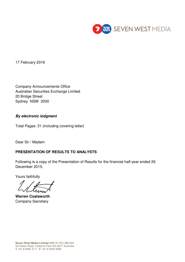 17 february 2016 company announcements office australian