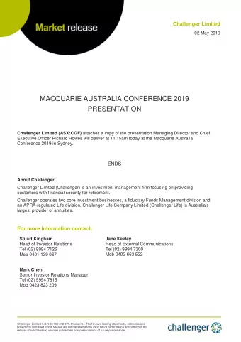 MACQUARIE AUSTRALIA CONFERENCE 2019  PRESENTATION Challenger Limited (ASX:CGF) attaches a copy of