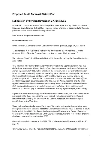 Proposed South Taranaki District Plan  Submission by Lyndon DeVantier, 27 June 2016  I thank the